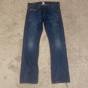 True Religion Ricky Jeans Mens Mid Straight Leg Dark Wash Blue Denim Size 33